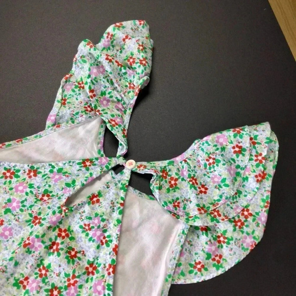 J. Crew Crewcuts Girls Green Multi Floral Ruffle Shoulder A-Line Dress Size 10 - Picture 6 of 12